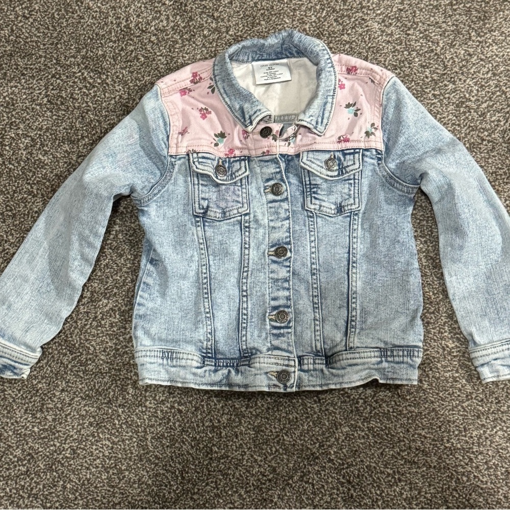 Okie Dokie Girl Denim Jacket 5T Blue Jean Pink Flower Snap Stretch Toddler